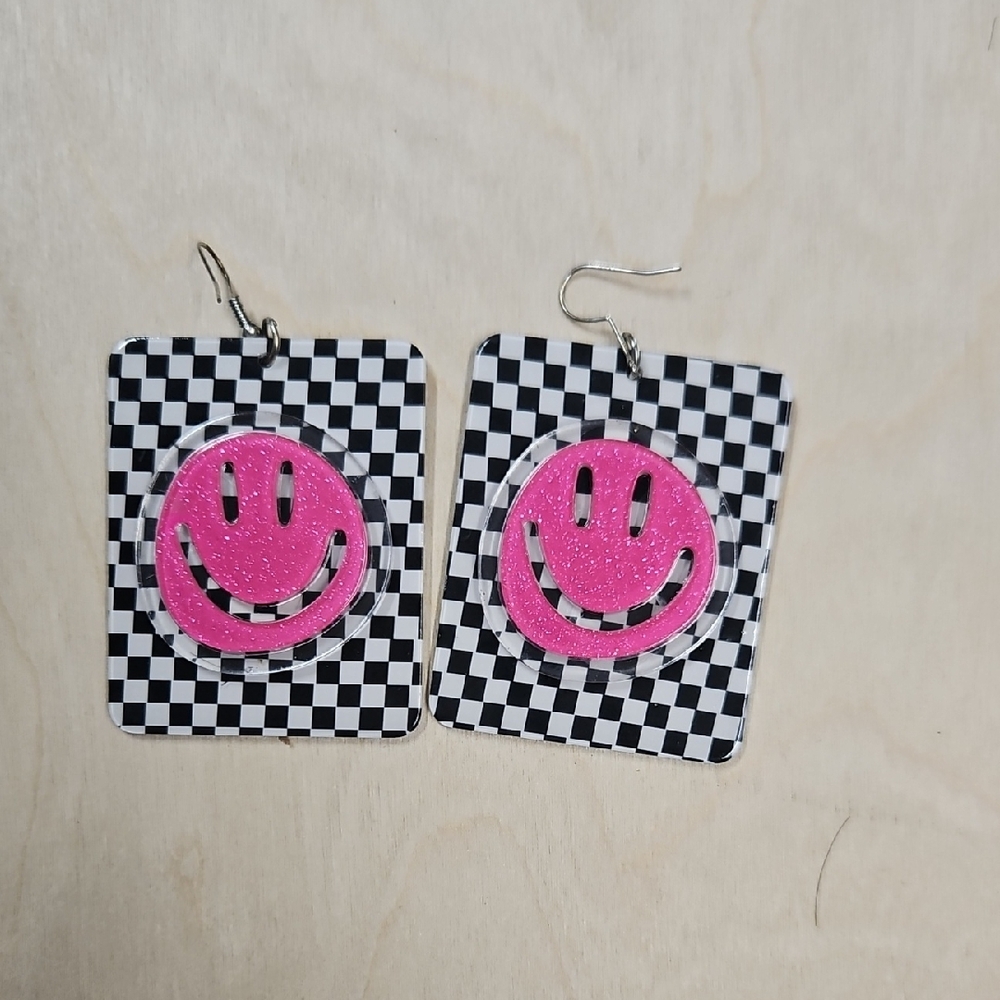 Pink Smiley Checkered Kids Earrings